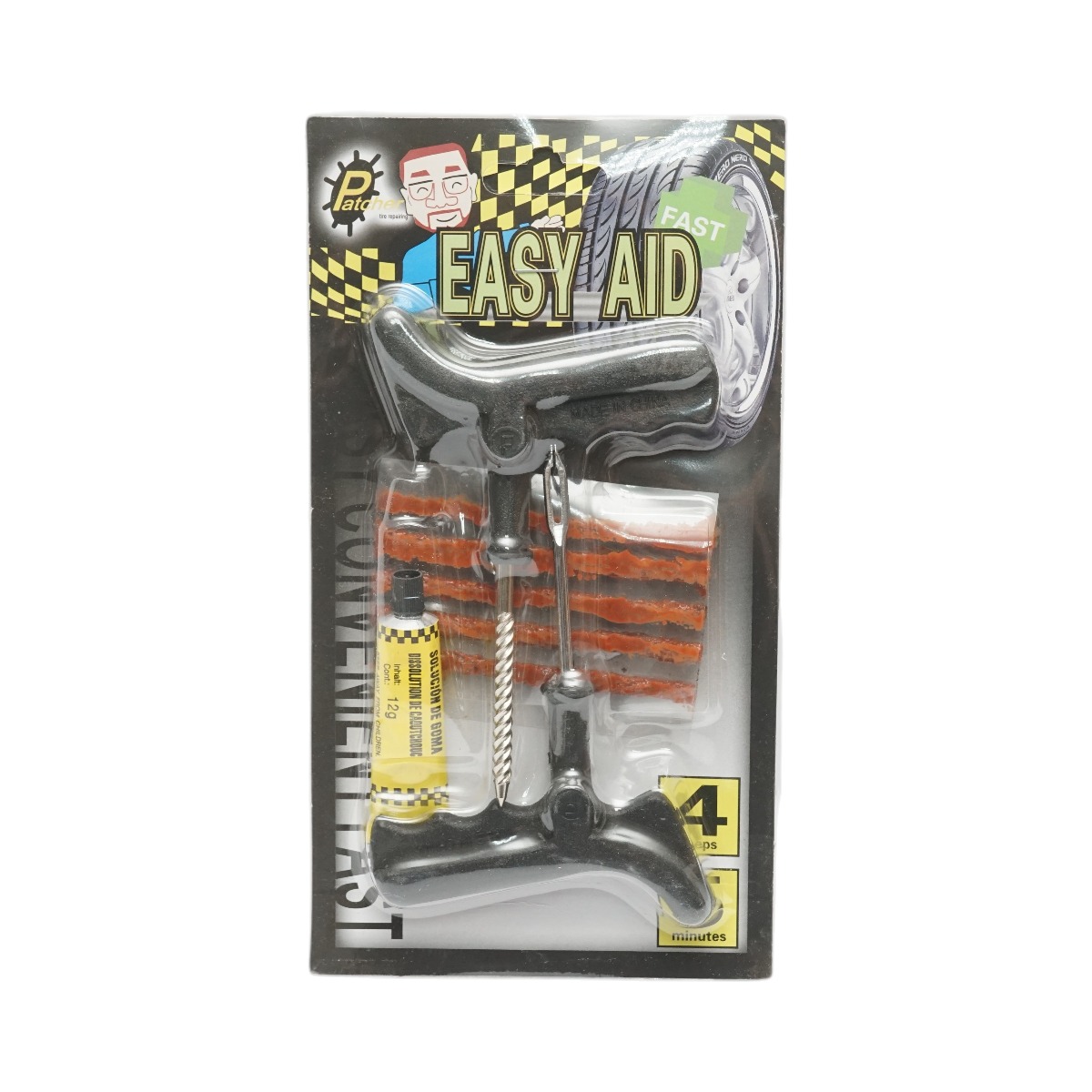 Kit vulcanizare anvelope tubeless la rece cu snur si adeziv, set 5 snururi, unealta spiralata, ac de inserare, tub solutie cauciuc