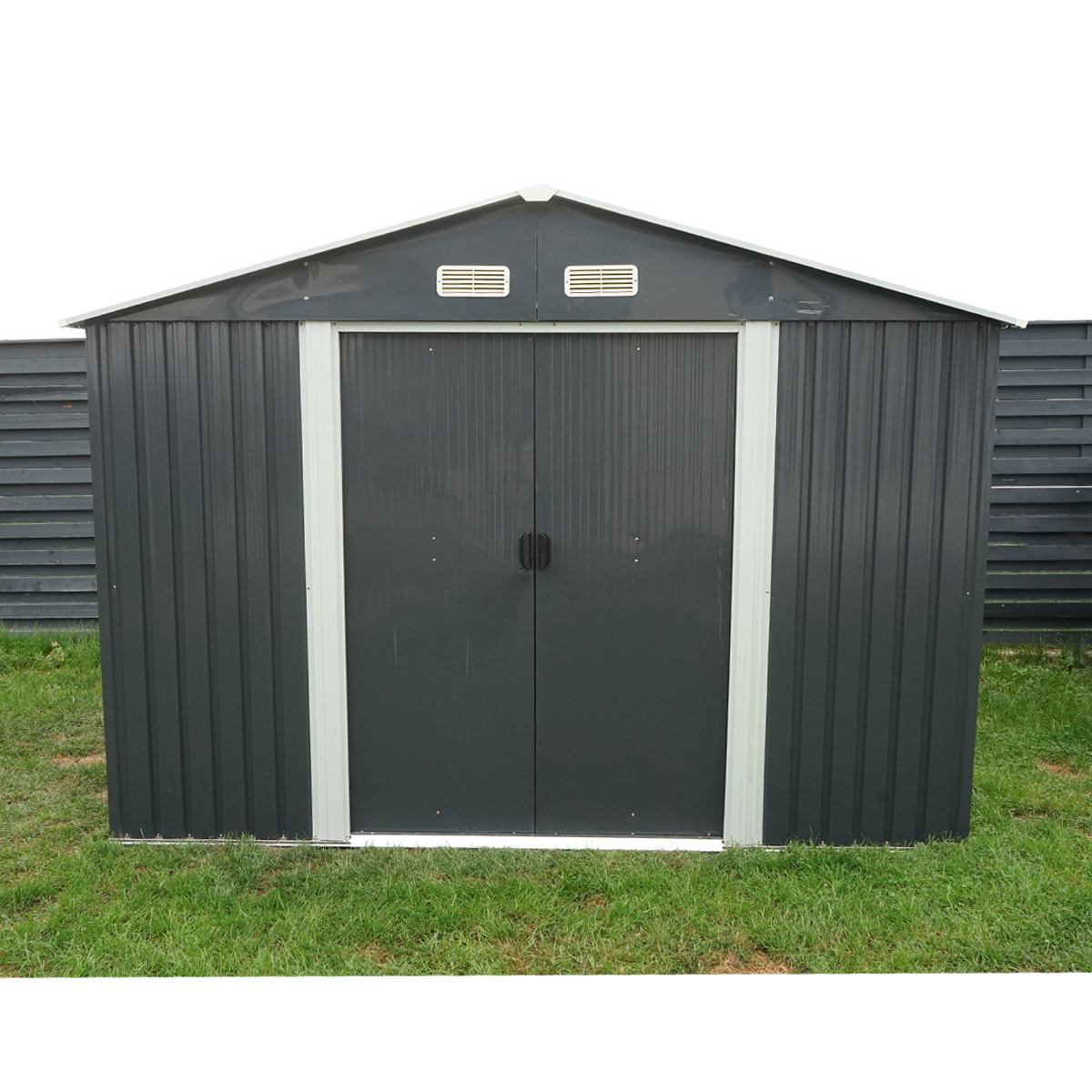 Magazie de gradina metalica 238x301x214 cm, usi glisante, 2 usi, profile otel galvanizat 0.6 mm, panouri 0.25 mm, baza 226x291 cm