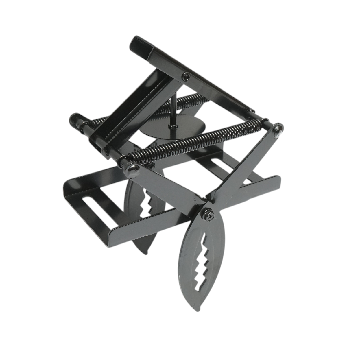 Capcana otel profesionala tip cleste cu falci zimtate, arc dublu si declansare centrala prin disc metalic, 30 x 15 x 20 cm, pentru cartite, popandai, sobolani de camp si soareci de camp