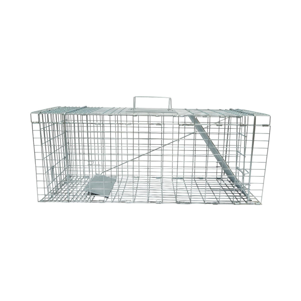 Capcana metalica pliabila tip colivie 78x30x32 cm din otel galvanizat, declansare automata, maner protectie, reutilizabila pentru capturare si relocare animale mici