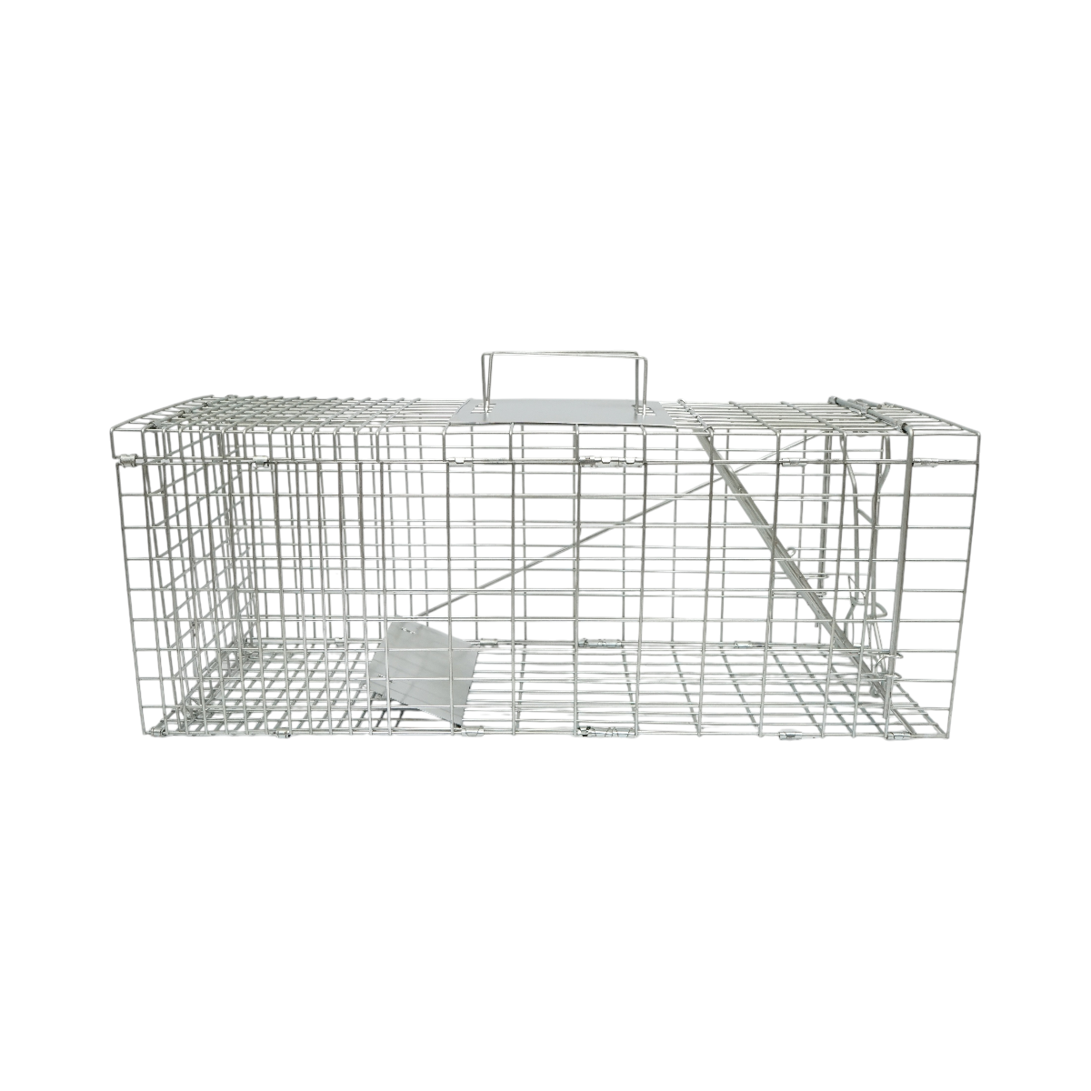 Capcana metalica robusta tip colivie/cusca din otel galvanizat, cu mecanism automat inchidere, plasa groasa, maner transport, pentru capturare vie animale salbatice 78x30x32 cm