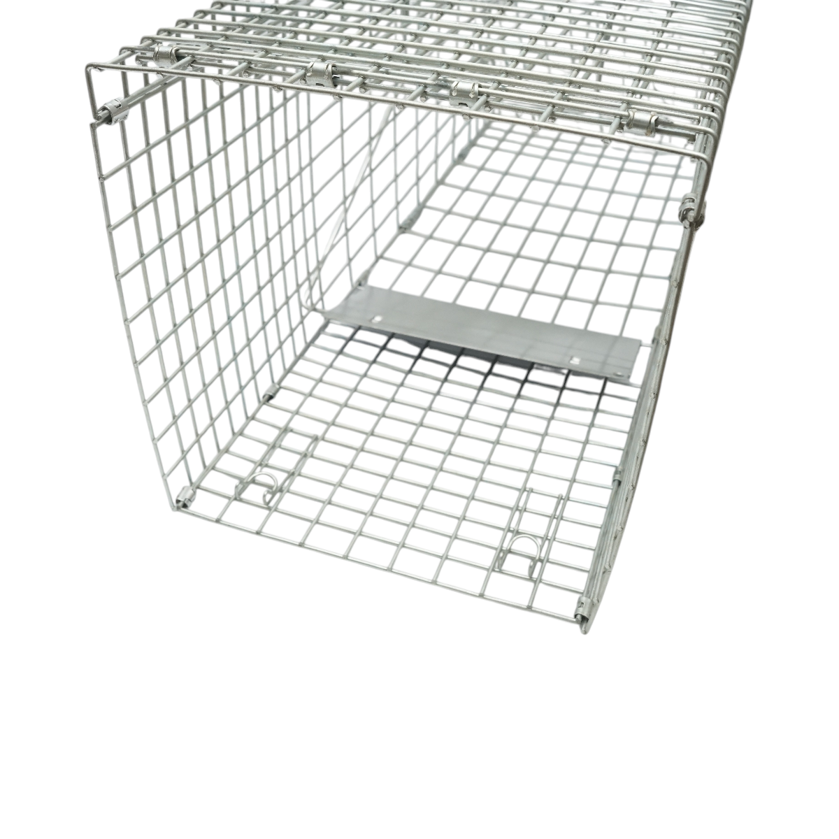 Capcana metalica robusta tip colivie/cusca din otel galvanizat, cu mecanism automat inchidere, plasa groasa, maner transport, pentru capturare vie animale salbatice 78x30x32 cm
