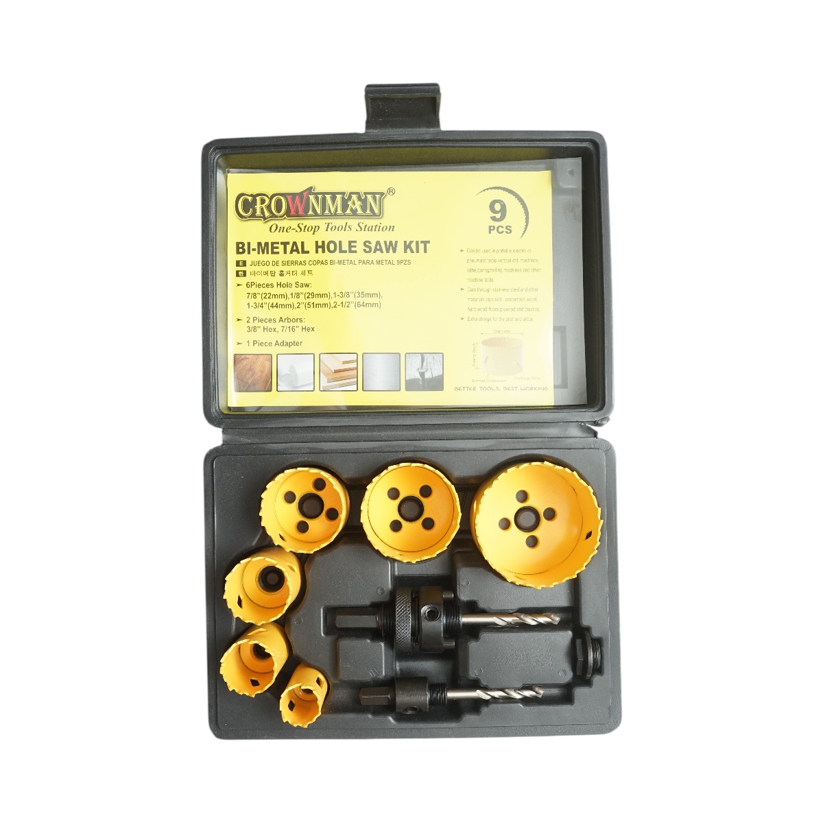 Set carote circulare Bi-Metal CROWNMAN 9 piese, 22-64mm, pentru lemn, rigips, PVC, adaptor hex 3/8 si 7/16