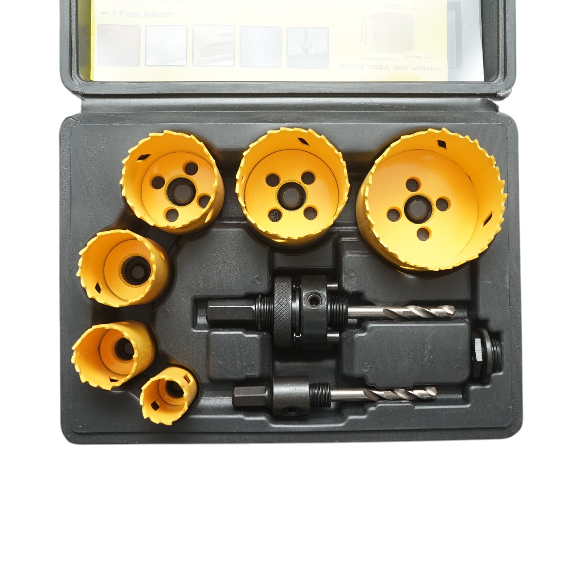 Set carote circulare Bi-Metal CROWNMAN 9 piese, 22-64mm, pentru lemn, rigips, PVC, adaptor hex 3/8 si 7/16