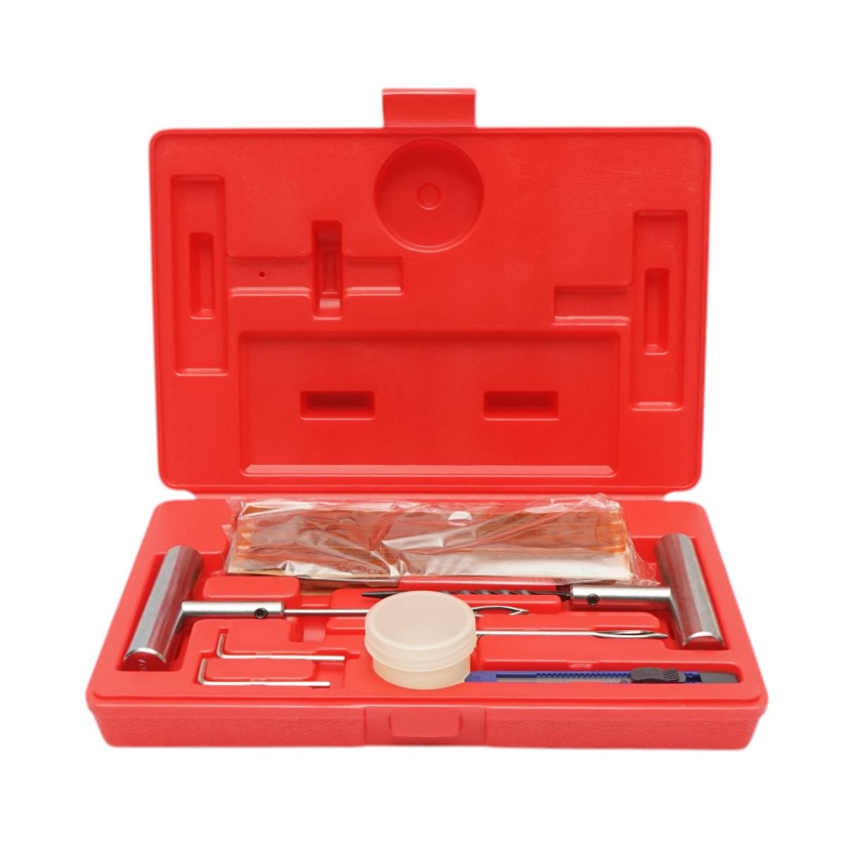 Trusa profesionala vulcanizare anvelope tubeless la rece X-TRA SEAL, 32 piese: snur 200 mm (25 buc), ac insertie tip T, ac spirala tip T, ac rezerva, lubrifiant, cutter, 2 chei imbus