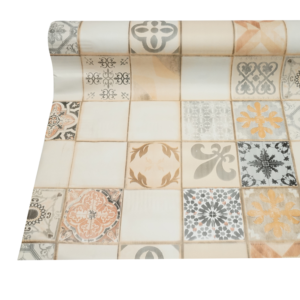 Rola fata de masa decorativa PVC Breckner Germany, model Gresie vintage, 1.37x20 m, grosime 0.18 mm, material textil 45 g/mp