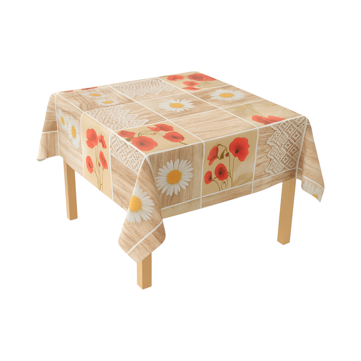 Rola fata de masa decorativa PVC Breckner Germany 1.37x20 m, grosime 0.18 mm, textil 45 g/mp, model floral rustic (maci si margarete)