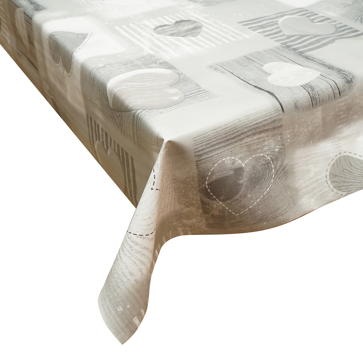 Rola fata de masa decorativa PVC Breckner Germany, model Inimi gri, 1.37x20 m, grosime 0.18 mm, textil 45 g/mp