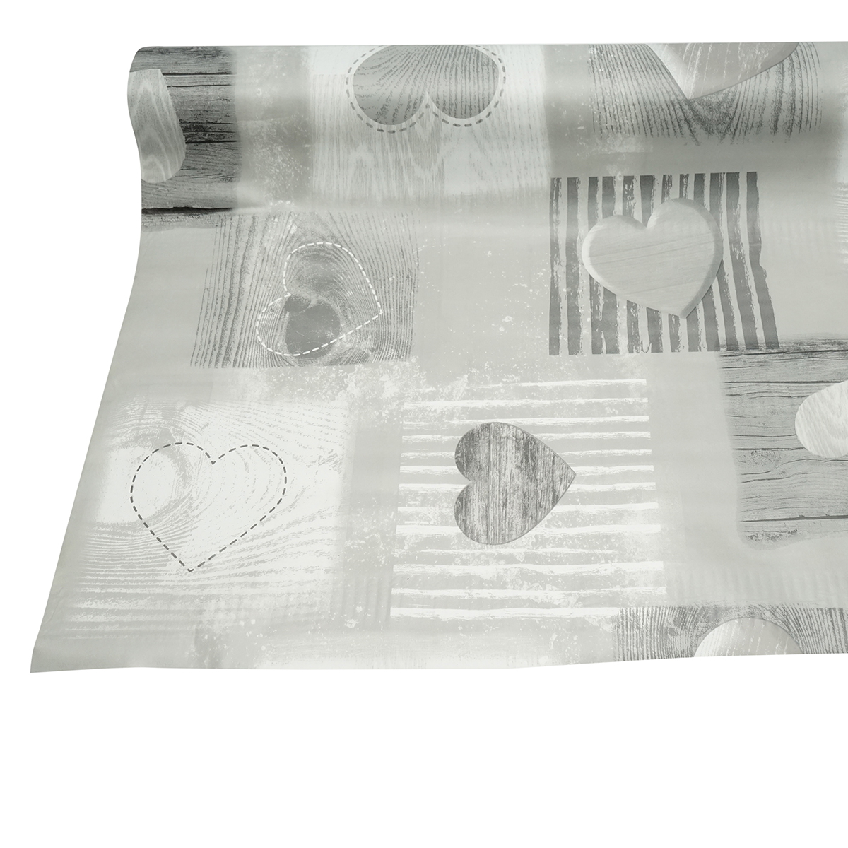 Rola fata de masa decorativa PVC Breckner Germany, model Inimi gri, 1.37x20 m, grosime 0.18 mm, textil 45 g/mp