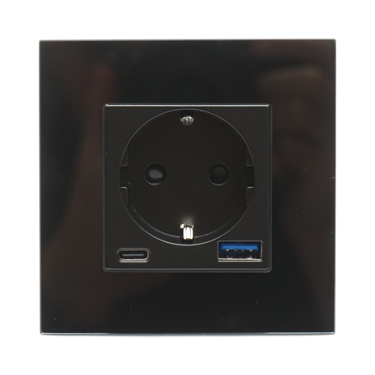 Priza schuko simpla neagra 220V, 16A, 2xUSB A+C 20W incarcare rapida, rama din sticla 86x86x34mm