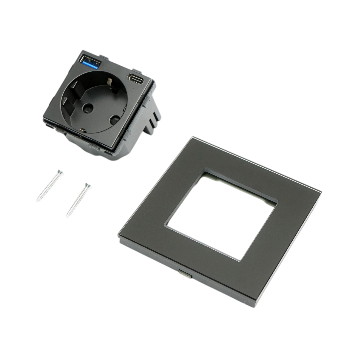 Priza schuko simpla neagra 220V, 16A, 2xUSB A+C 20W incarcare rapida, rama din sticla 86x86x34mm