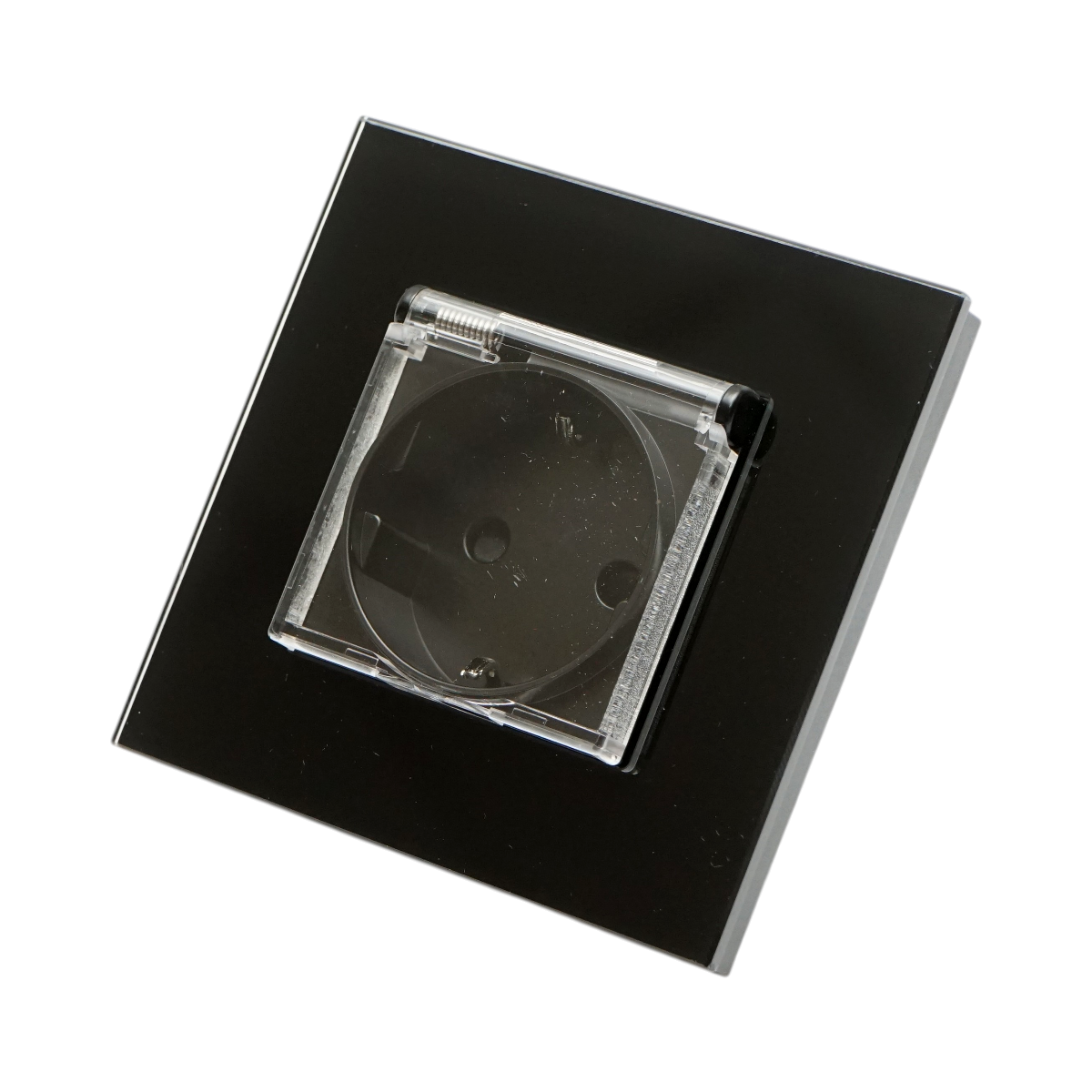 Priza schuko simpla neagra 220V, 16A cu capac transparent, rama din sticla 86x86x34mm