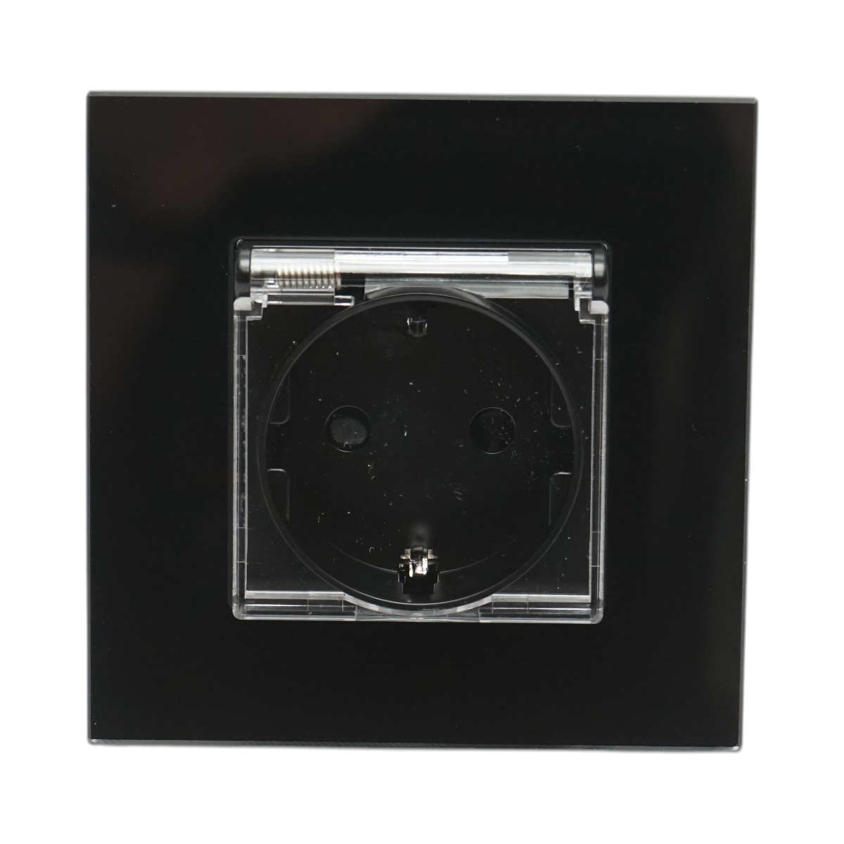 Priza schuko simpla neagra 220V, 16A cu capac transparent, rama din sticla 86x86x34mm
