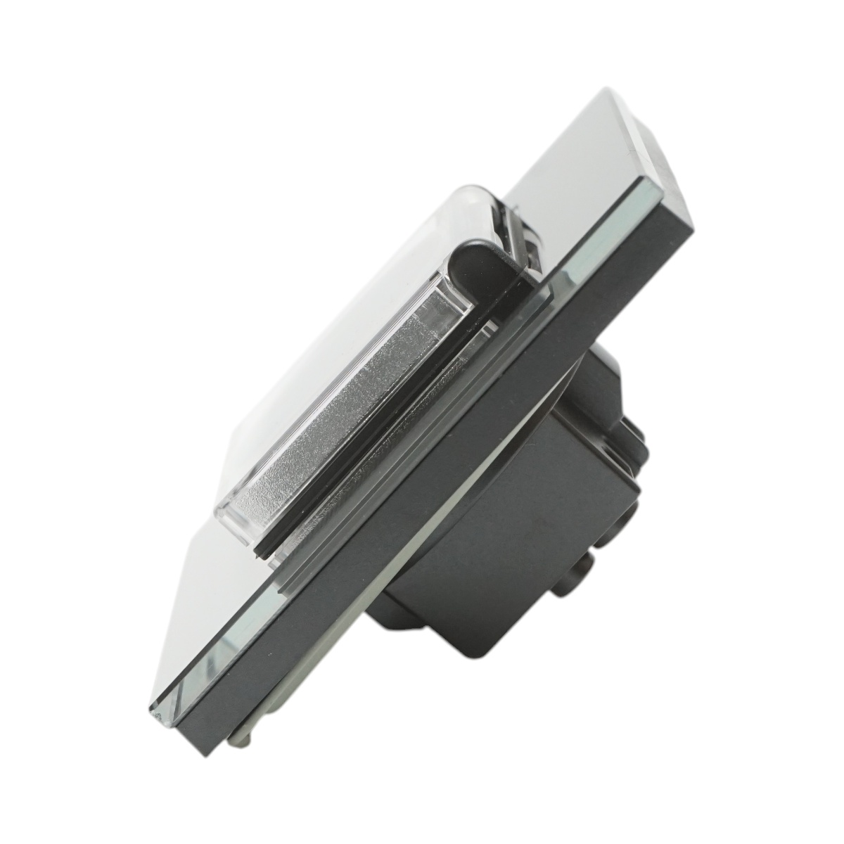 Priza schuko simpla neagra 220V, 16A cu capac transparent, rama din sticla 86x86x34mm