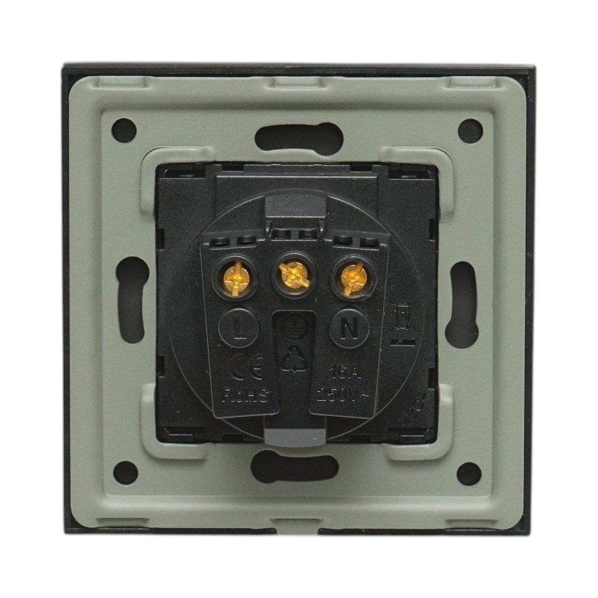 Priza schuko simpla neagra 220V, 16A cu capac transparent, rama din sticla 86x86x34mm