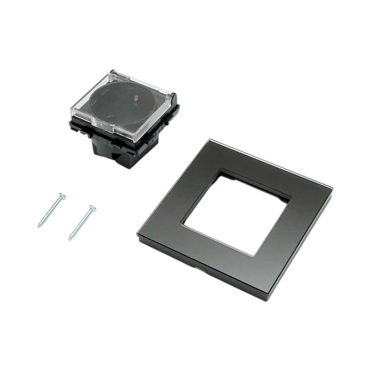 Priza schuko simpla neagra 220V, 16A cu capac transparent, rama din sticla 86x86x34mm