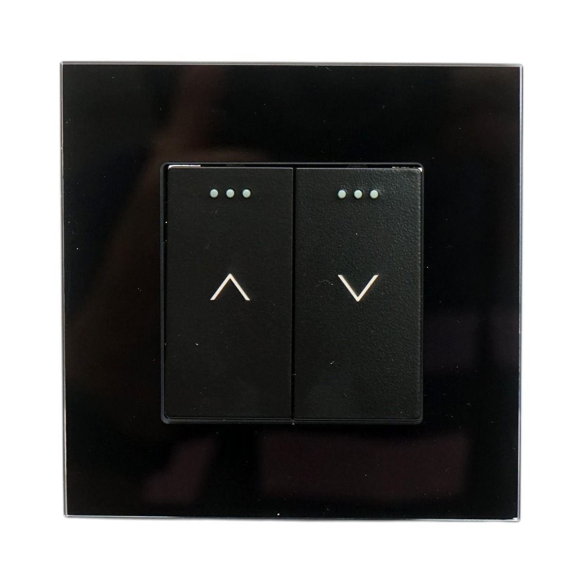 Intrerupator jaluzele dublu negru 220V, 16AX cu indicator luminos, rama din sticla 86x86x34mm