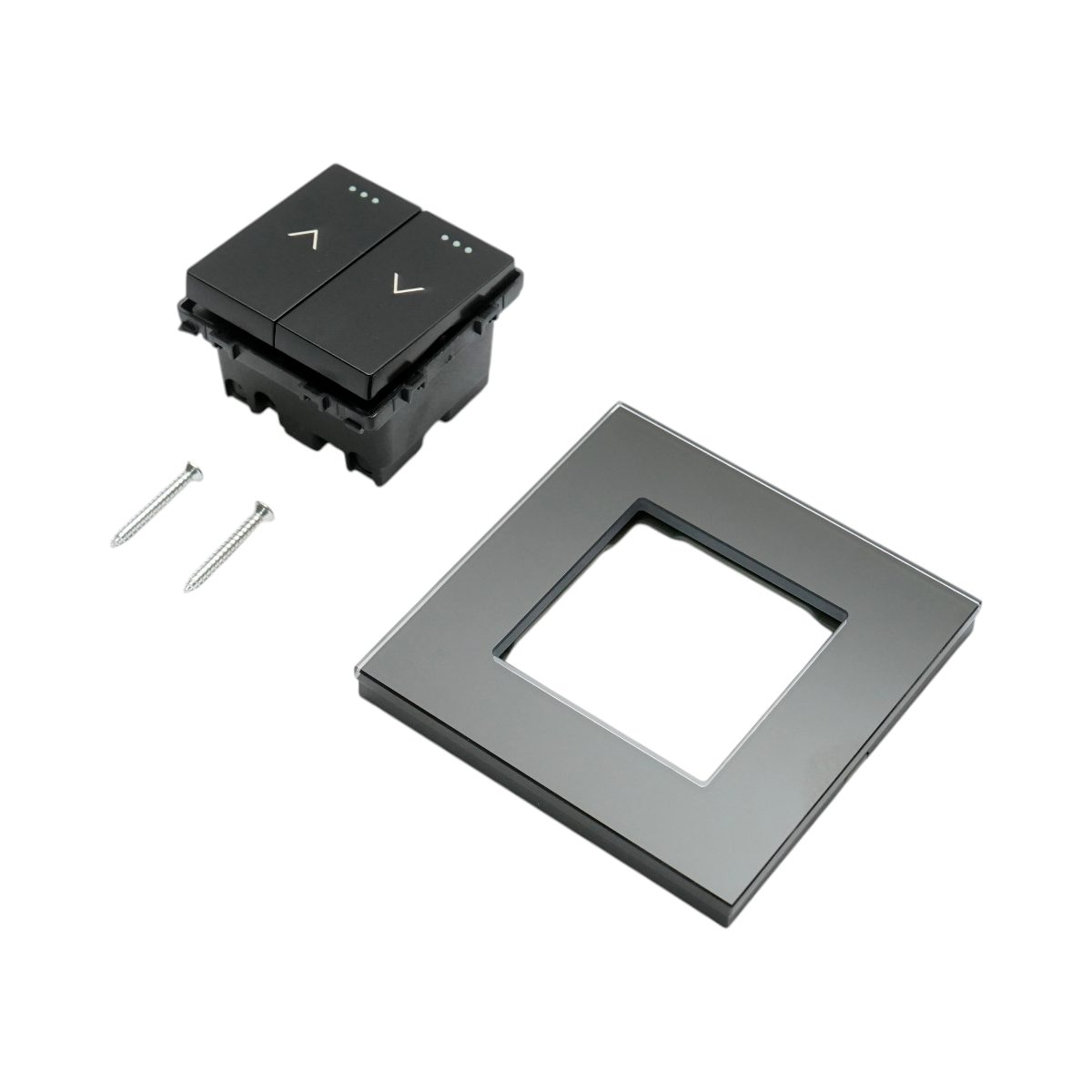 Intrerupator jaluzele dublu negru 220V, 16AX cu indicator luminos, rama din sticla 86x86x34mm