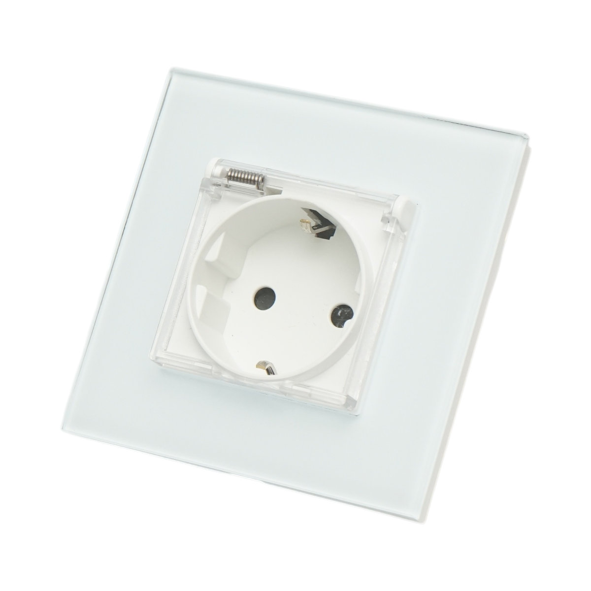 Priza schuko simpla alba 220V, 16A cu capac transparent, rama din sticla 86x86x34mm