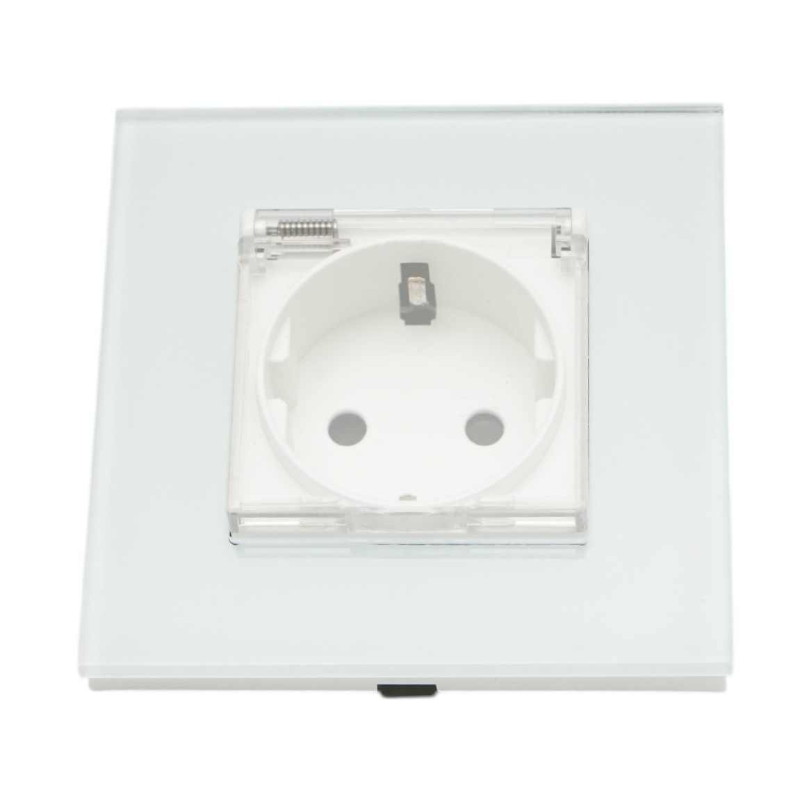 Priza schuko simpla alba 220V, 16A cu capac transparent, rama din sticla 86x86x34mm