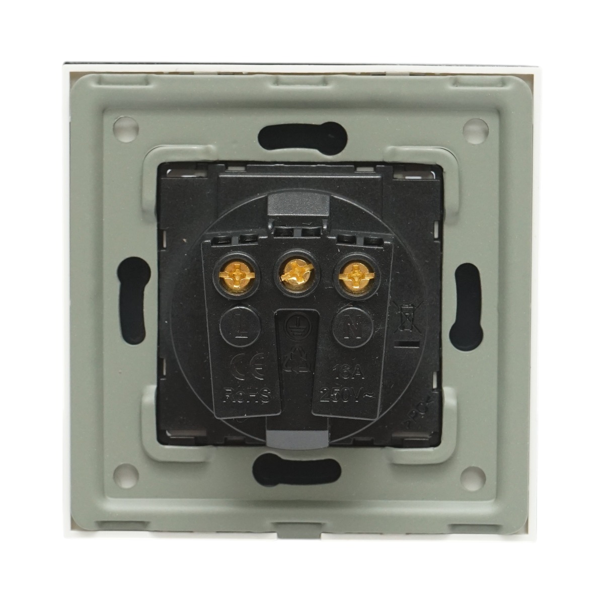 Priza schuko simpla alba 220V, 16A cu capac transparent, rama din sticla 86x86x34mm