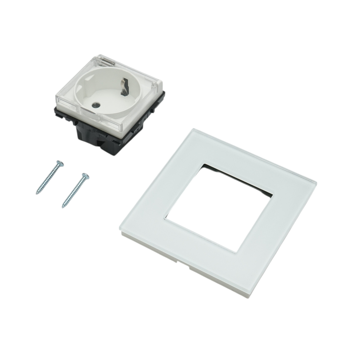 Priza schuko simpla alba 220V, 16A cu capac transparent, rama din sticla 86x86x34mm