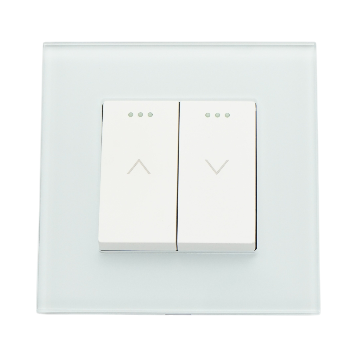 Intrerupator jaluzele dublu alb 220V, 16AX cu indicator luminos, rama din sticla 86x86x34mm