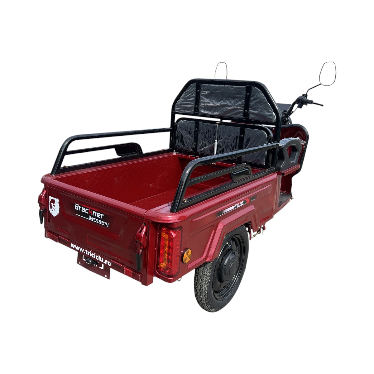 Triciclu electric Breckner Germany model E ROSU, motor 1600W fara perii, baterie 60V 20Ah (5 buc), viteza 25 km/h, autonomie 25-50 km, sarcina max 500 kg, reductor HI-LO, anvelope 3.00-12, gabarit 2400x890x1095 mm