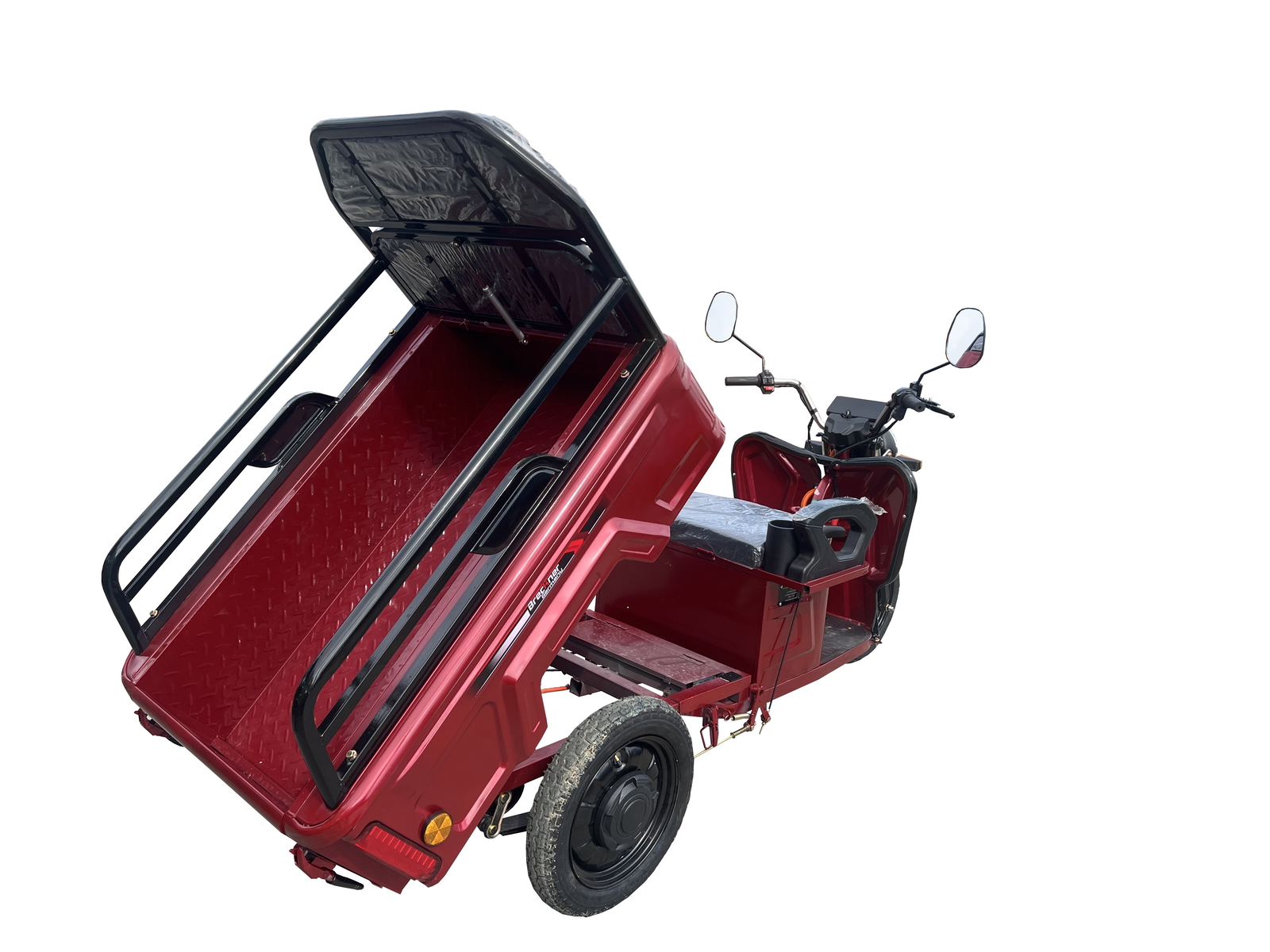 Triciclu electric Breckner Germany model E ROSU, motor 1600W fara perii, baterie 60V 20Ah (5 buc), viteza 25 km/h, autonomie 25-50 km, sarcina max 500 kg, reductor HI-LO, anvelope 3.00-12, gabarit 2400x890x1095 mm