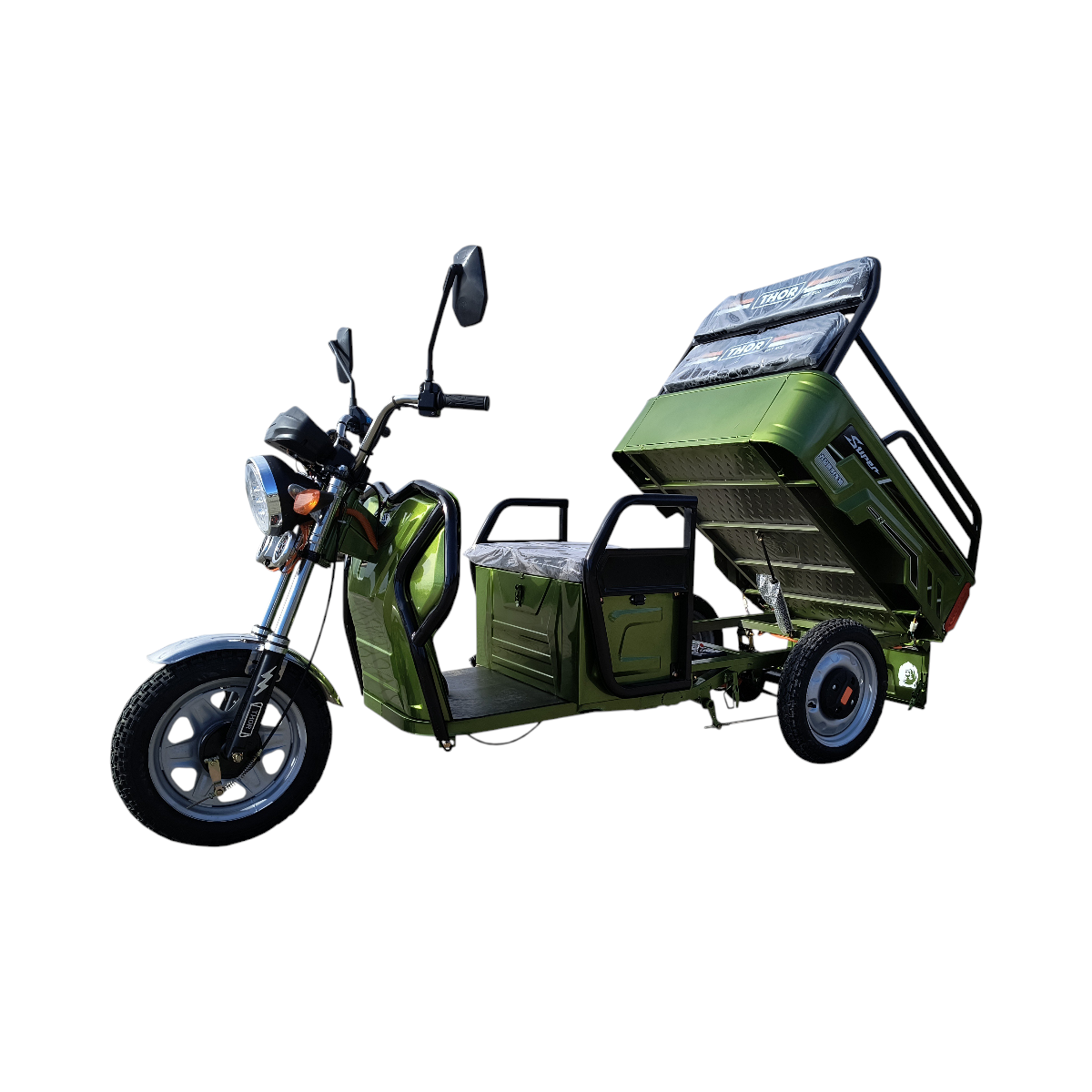 Triciclu electric THOR CITY ECO verde 650W, baterie 48V 20Ah (4 buc), viteza 25 km/h, autonomie 25-50 km, 2450x900x1250 mm, bena 1000x600x250 mm