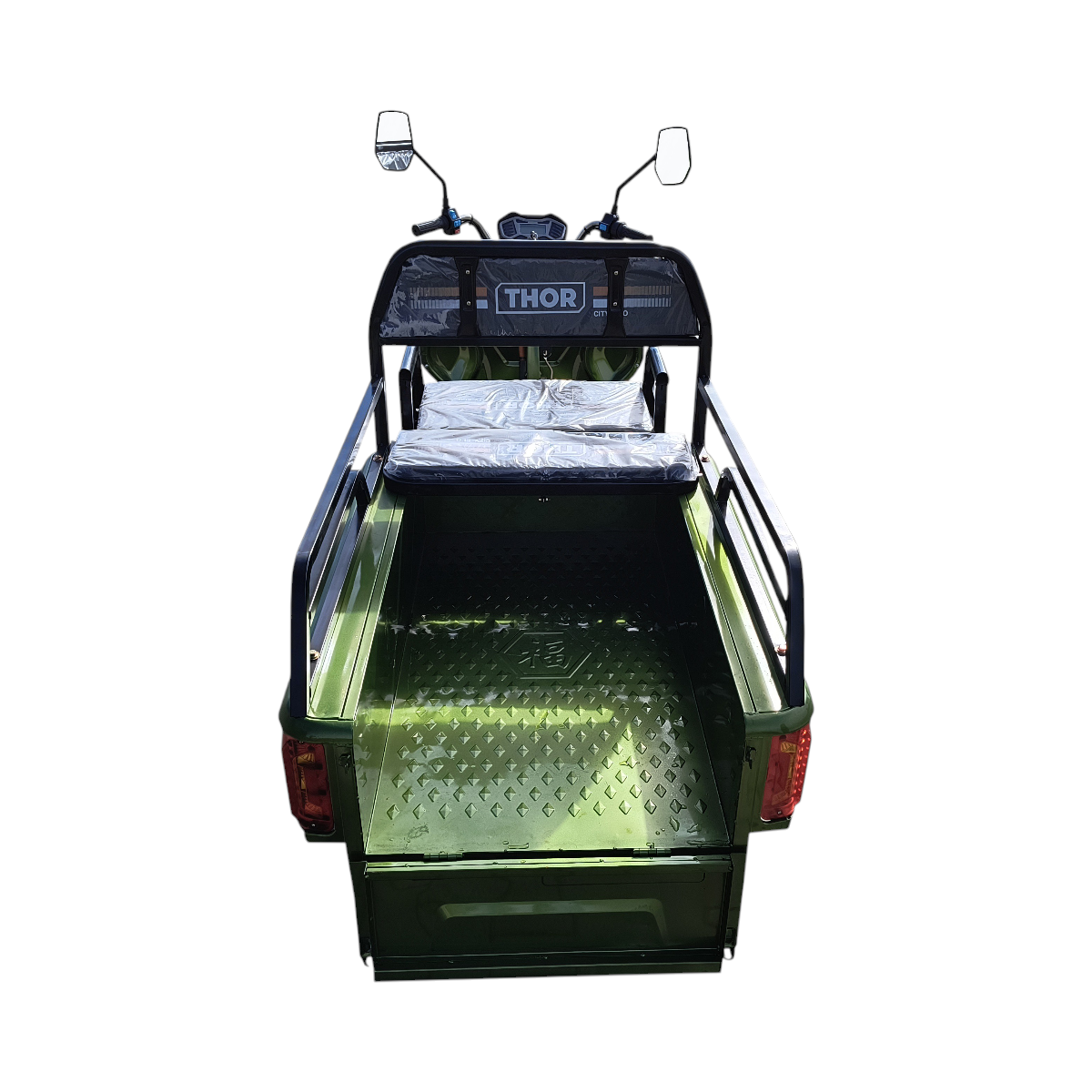 Triciclu electric THOR CITY ECO verde 650W, baterie 48V 20Ah (4 buc), viteza 25 km/h, autonomie 25-50 km, 2450x900x1250 mm, bena 1000x600x250 mm