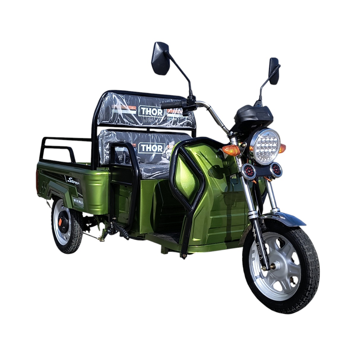 Triciclu electric THOR CITY ECO verde 650W, baterie 48V 20Ah (4 buc), viteza 25 km/h, autonomie 25-50 km, 2450x900x1250 mm, bena 1000x600x250 mm