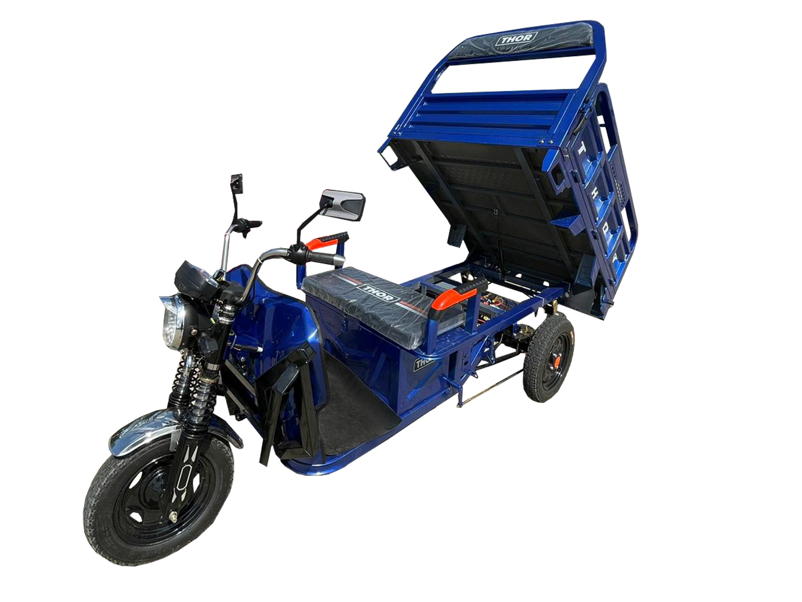 Triciclu electric THOR Thor HOBBY 1000W, baterie 60V 32Ah (5 buc), viteza maxima 25 km/h, autonomie 25-50 km, masa max autorizata 500 kg, reductor 2 trepte HI-LO, anvelope 3.75-12, bena 1450x950x400 mm