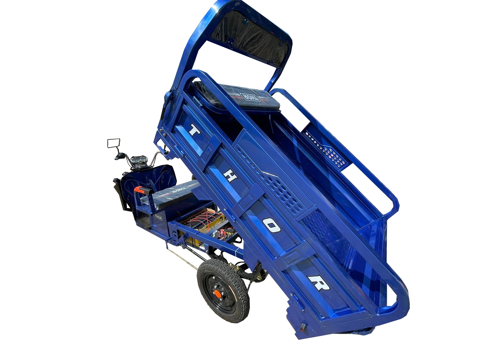 Triciclu electric THOR Thor HOBBY 1000W, baterie 60V 32Ah (5 buc), viteza maxima 25 km/h, autonomie 25-50 km, masa max autorizata 500 kg, reductor 2 trepte HI-LO, anvelope 3.75-12, bena 1450x950x400 mm