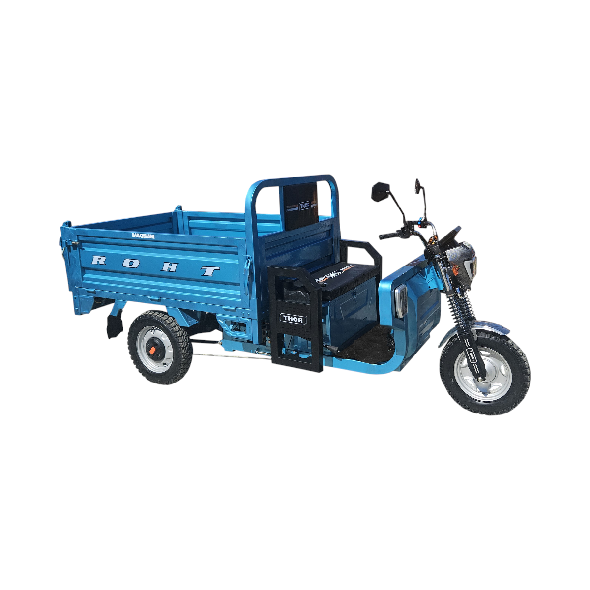 Triciclu electric Thor Magnum3 1200W fara perii, 60V 45Ah (5 buc.), basculare hidraulica, viteza 25 km/h fara permis, autonomie 25-50 km, bena 1500x1100x450 mm, gabarit 3100x1200x1400 mm