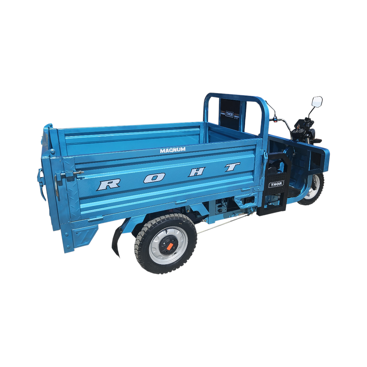 Triciclu electric Thor Magnum3 1200W fara perii, 60V 45Ah (5 buc.), basculare hidraulica, viteza 25 km/h fara permis, autonomie 25-50 km, bena 1500x1100x450 mm, gabarit 3100x1200x1400 mm