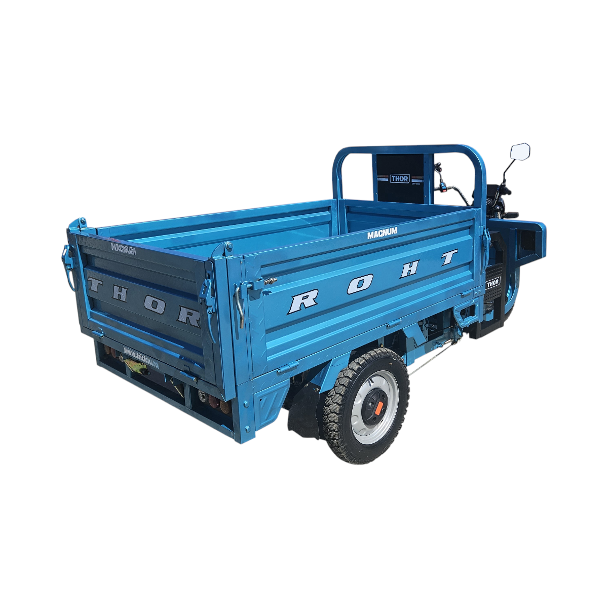 Triciclu electric Thor Magnum3 1200W fara perii, 60V 45Ah (5 buc.), basculare hidraulica, viteza 25 km/h fara permis, autonomie 25-50 km, bena 1500x1100x450 mm, gabarit 3100x1200x1400 mm