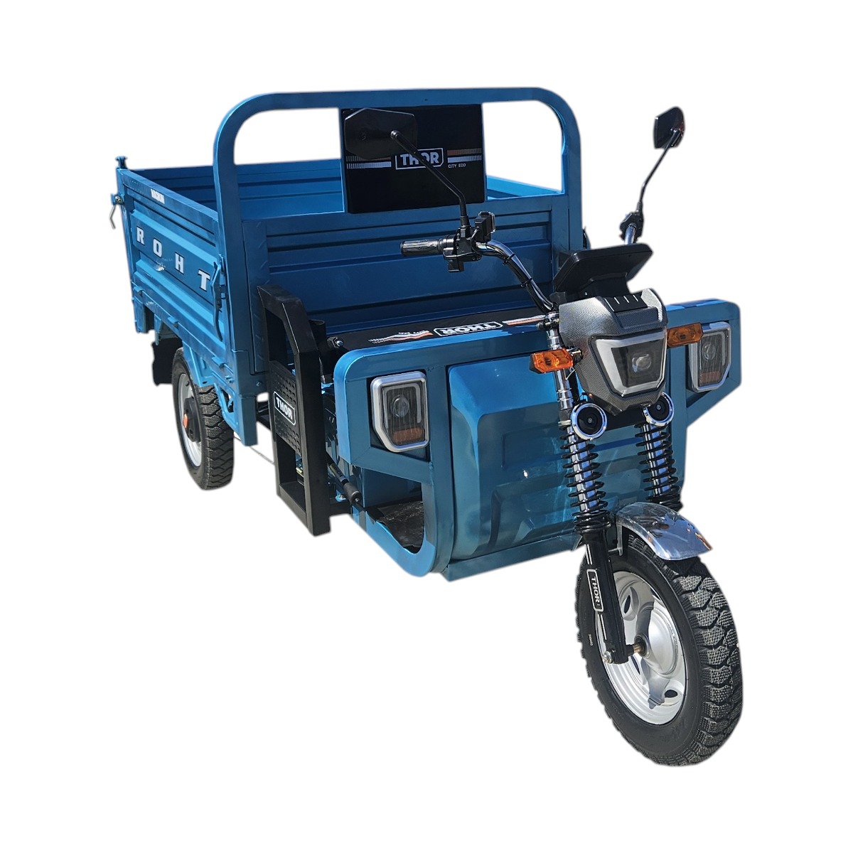 Triciclu electric Thor Magnum3 1200W fara perii, 60V 45Ah (5 buc.), basculare hidraulica, viteza 25 km/h fara permis, autonomie 25-50 km, bena 1500x1100x450 mm, gabarit 3100x1200x1400 mm