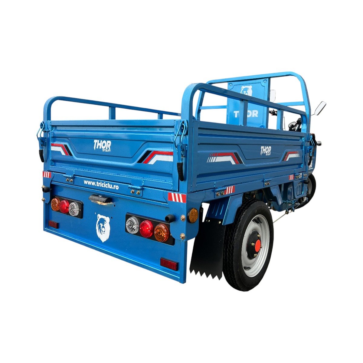 Triciclu electric Thor STAR cu CIV, 1200W, baterie 60V/45Ah (5 buc.), viteza max 25 km/h fara permis, autonomie 25-50 km, MMA 600 kg, reductor HI-LO, bena 1220x920x430 mm, omologabil