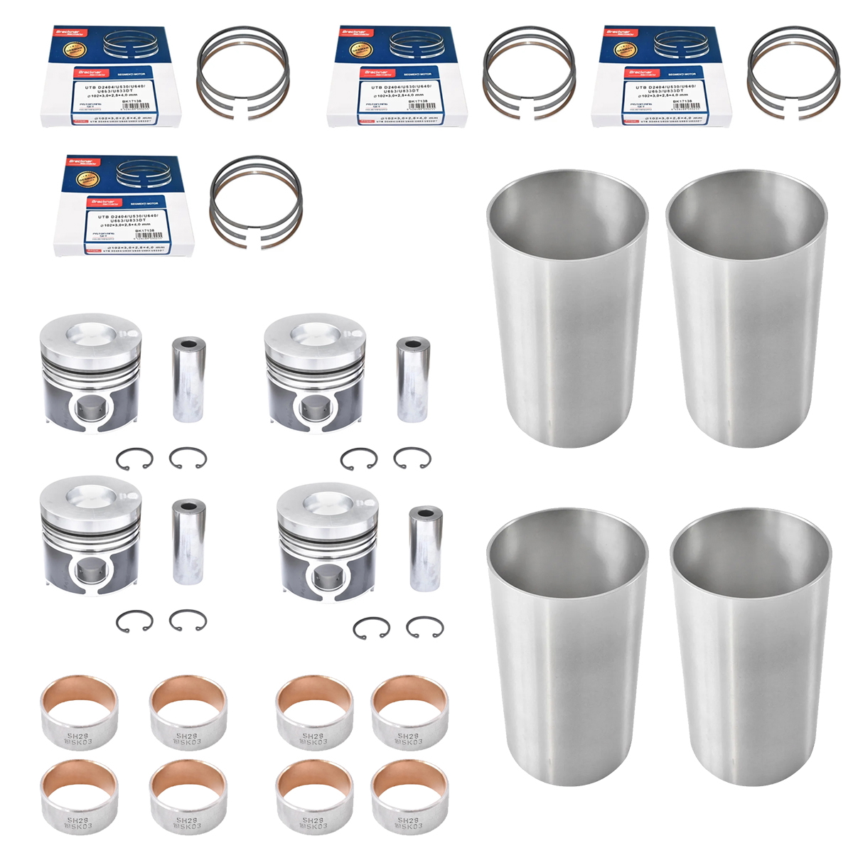 Set motor complet 4 pistoane fi 102mm pentru UTB U-683 Fiat New Holland Case IH Massey Ferguson - cu bolt si sigurante, segmenti, camasi cilindru, 8 bucse biela