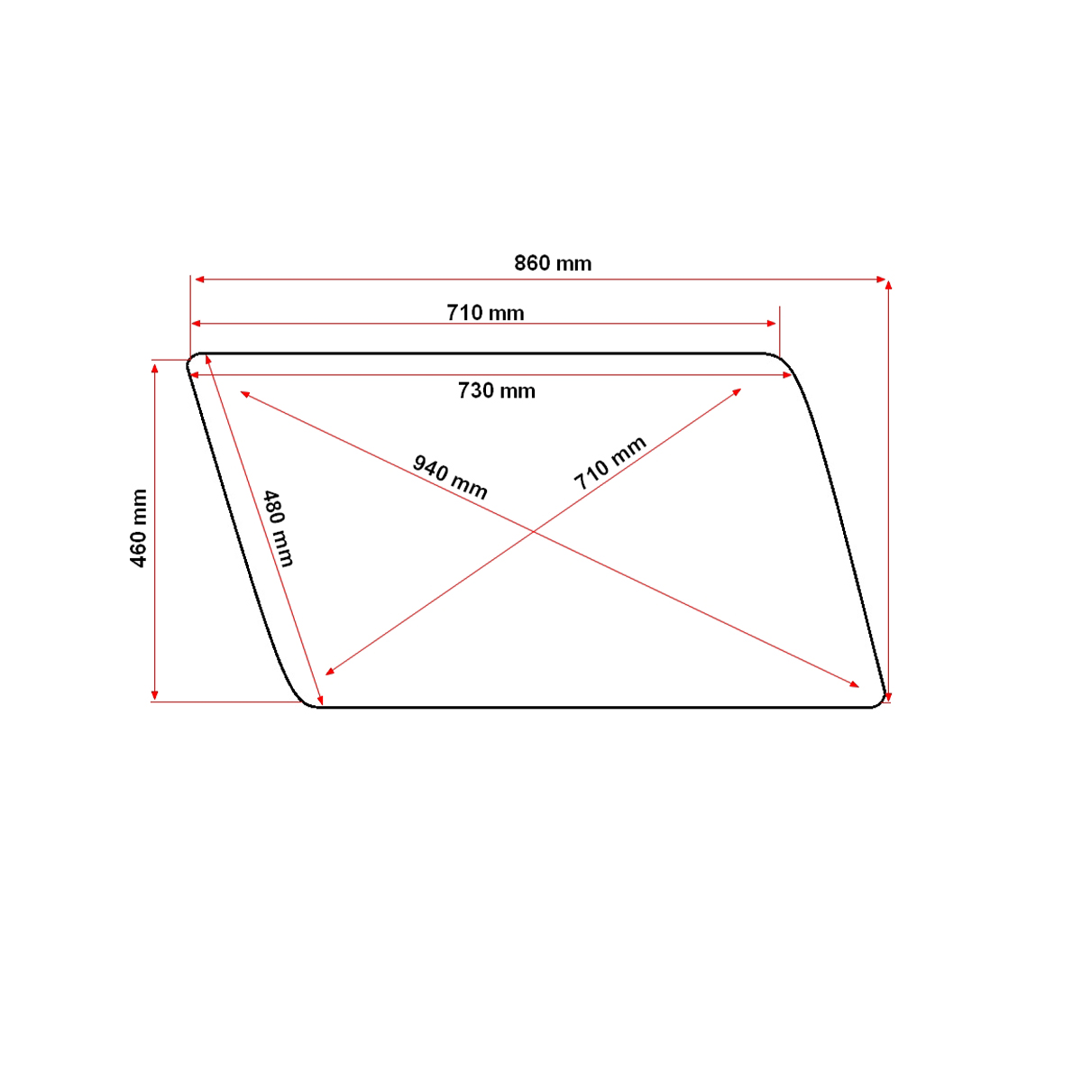 Geam 860x460x4mm lateral mobil cabina tronconica tip nou UTB U-650