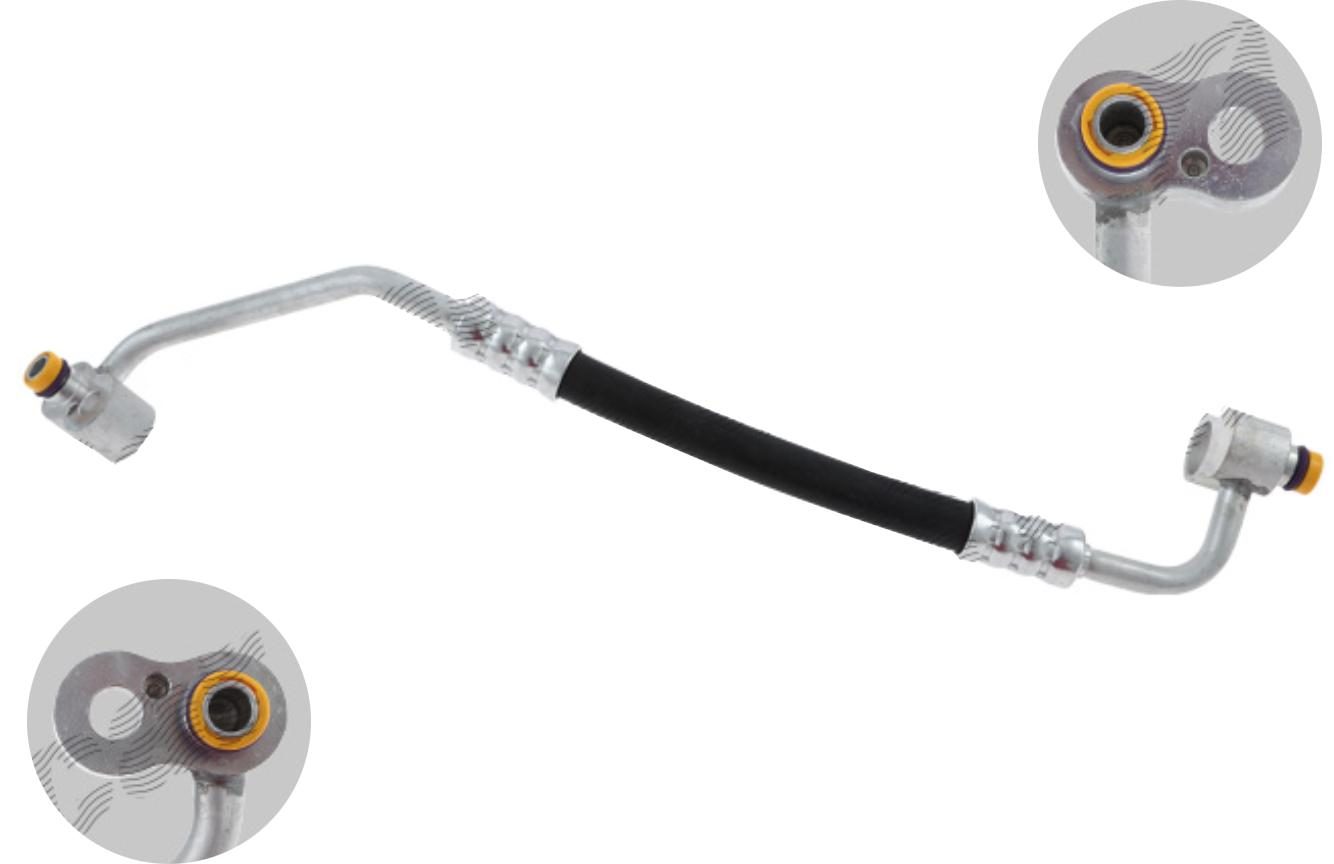 Conducta aer conditionat BMW Seria 3 E46 98-06, motor: 1.6, 1.8, 1.9, 2.0, 2.0 d, 2.0 R6, 2.2 R6, 2.5 R6, 2.8 R6, 3.0 d, 3.0 R6, 3.2 R6, 4.0 V8, Furtun inalta presiune, Aluminiu/ Cauciuc, 64536904013; 64536905933