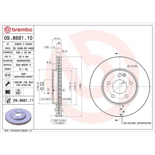 Set disc frana Mercedes Clasa A (W169) 04.04-06.12, B-Class Sports Tourer (W245) 03.05-11.11, Fata, 288X25mm, ventilat, BREMBO