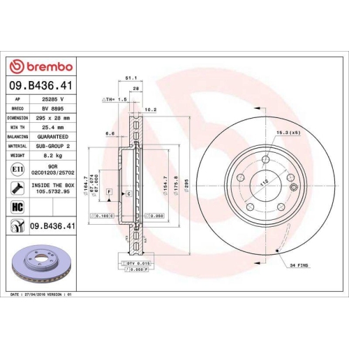 Set disc frana Mercedes Clasa A (W176) 06.12-05.18, B-Class Sports Tourer (W246 W242) 10.11-12.18, Cla Coupe (C117) 01.13-03.19, Cla Shooting Brake (X117) 01.15-03.19, Gla-Class (X156) 12.13-05.22, Fata, 295X28mm, ventilat, BREMBO
