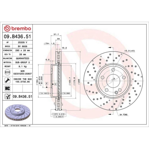 Set disc frana Mercedes Clasa A (W176) 06.12-05.18, B-Class Sports Tourer (W246 W242) 10.11-12.18, Cla Coupe (C117) 01.13-03.19, Cla Shooting Brake (X117) 01.15-03.19, Gla-Class (X156) 12.13-05.22, Fata, 295X28mm, ventilat, BREMBO