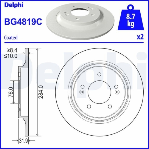 Set discuri frana Hyundai: Grandeur (Hg), I30 (Pde), Ioniq (Ae), Kona (Os), Sonata 7 (Lf); Kia: Ceed (Cd), Niro 1 (De), Optima (Jf), Proceed (Cd), Soul 2 (Ps), Xceed (Cd)., punte spate, 284x10, plin, DELPHI