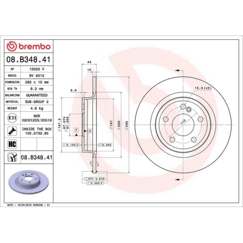 Set disc frana Mercedes Clasa A (W176) 06.12-05.18, B-Class Sports Tourer (W246 W242) 10.11-12.18, Cla Coupe (C117) 01.13-03.19, Cla Shooting Brake (X117) 01.15-03.19, Gla-Class (X156) 12.13-05.22, Spate, 295X10mm, plin, BREMBO