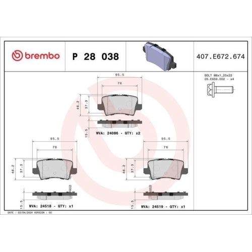 Placute frana Honda Civic 8 Hatchback (Fn Fk) 09.05-12.12, Spate, BREMBO