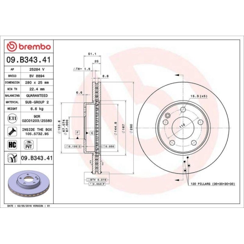 Set disc frana Mercedes Clasa A (W176) 06.12-05.18, B-Class Sports Tourer (W246 W242) 10.11-12.18, Cla Coupe (C117) 01.13-03.19, Fata, 280X25mm, ventilat, BREMBO