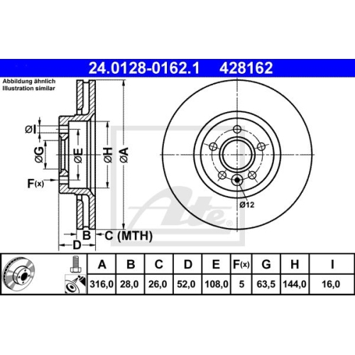 Disc frana Ford Galaxy, 05.2006-06.2015, S-Max, 05.2006-12.2014, Freelander 2, 10.2006-10.2014, S60 2, 04.2010-, S80 2, 03.2006-, V60, 07.2010-, V70 3, 04.2007-, Xc70 2, 04.2007-, ATE